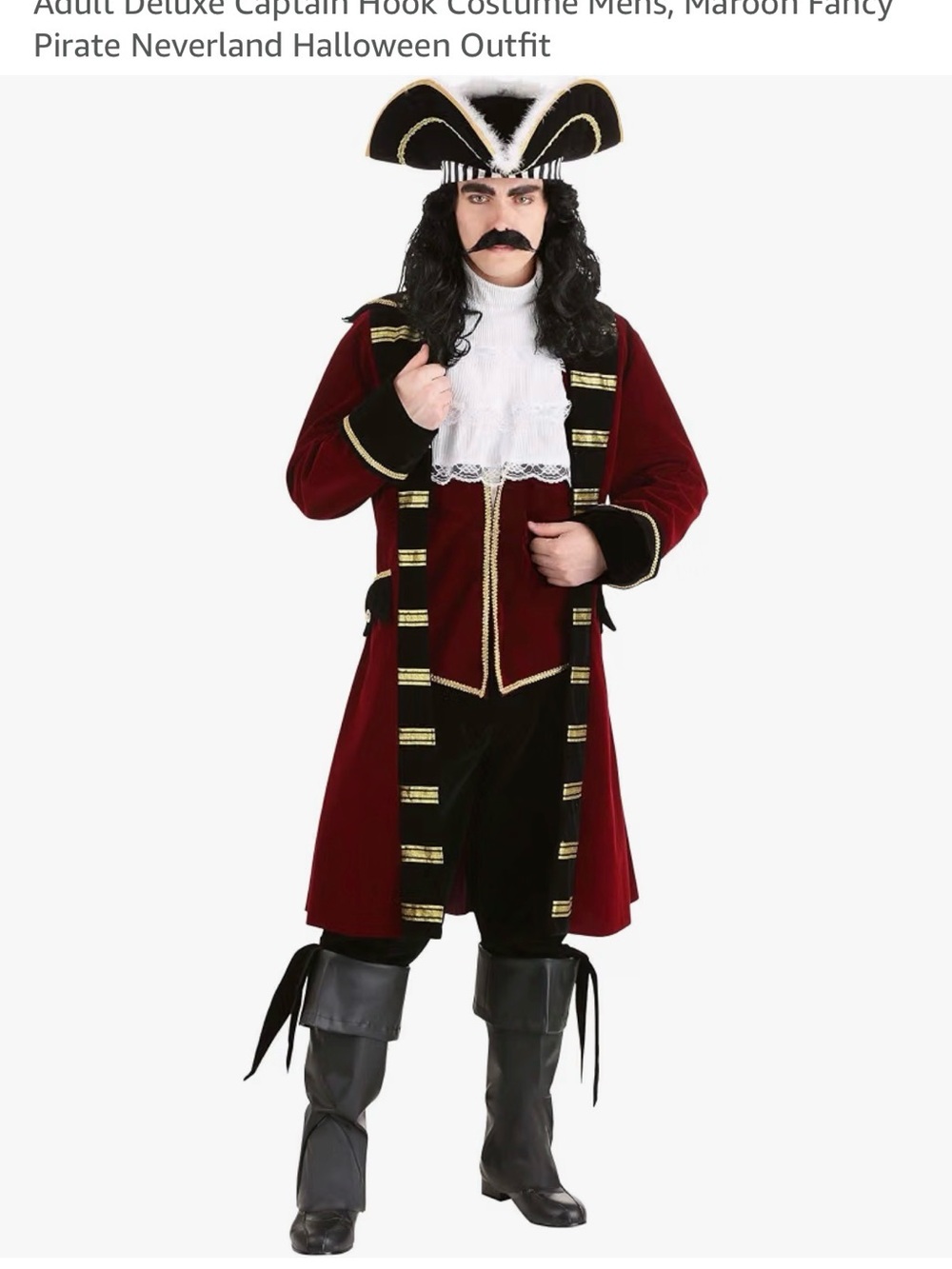 Mens Velvet Pirate Captain Costume in Red with Gold Trim (with wig)
